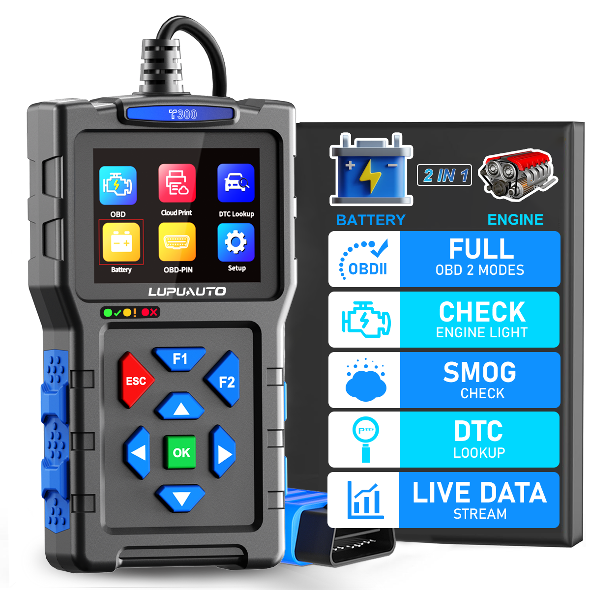 T300 OBD2 Scanner | Professional Car Diagnostic Tool with Live Data, DTC Reader & Battery Test