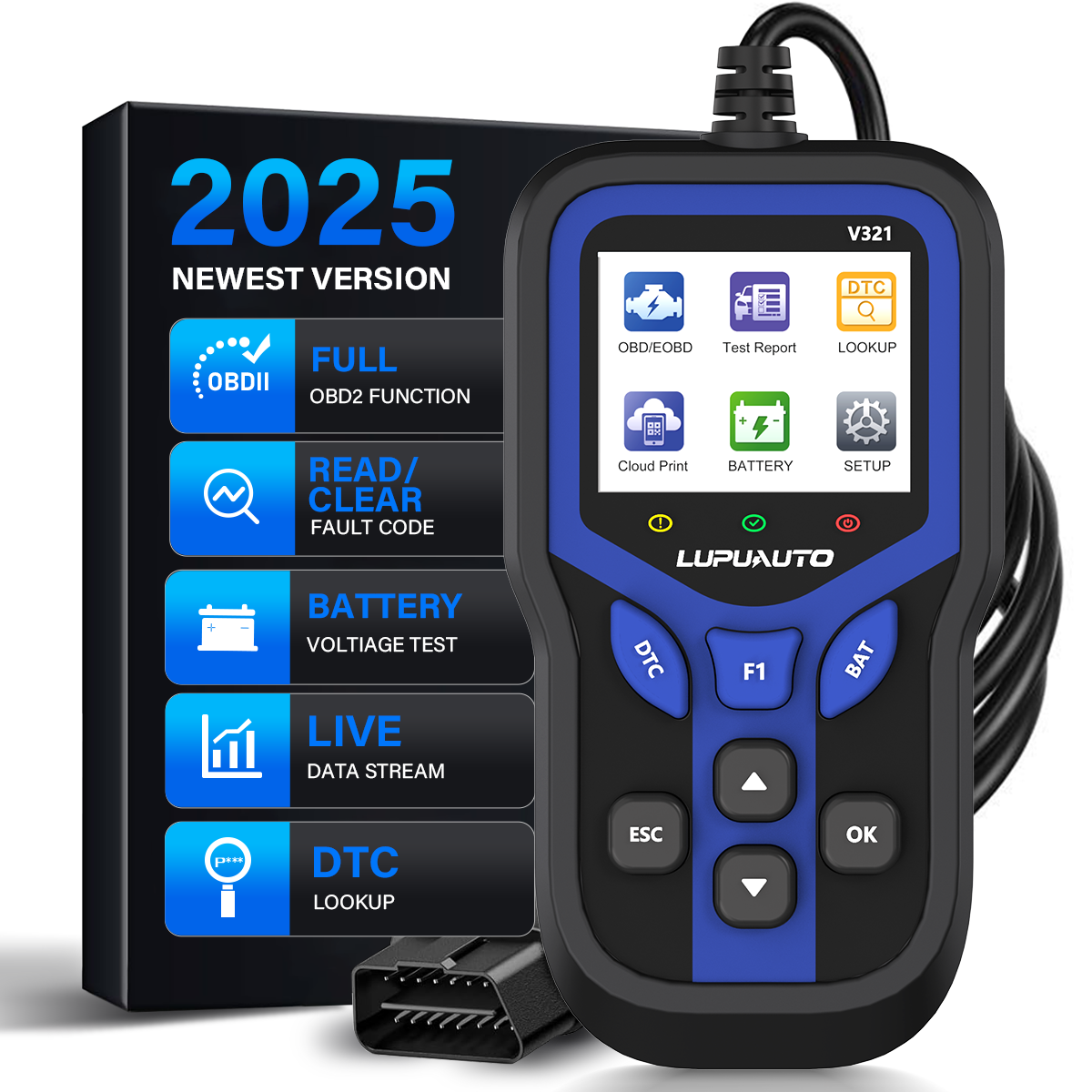 KONTOP V321 OBD2 Scanner & Battery Tester | Read & Clear Codes, Live Data, DTC Lookup