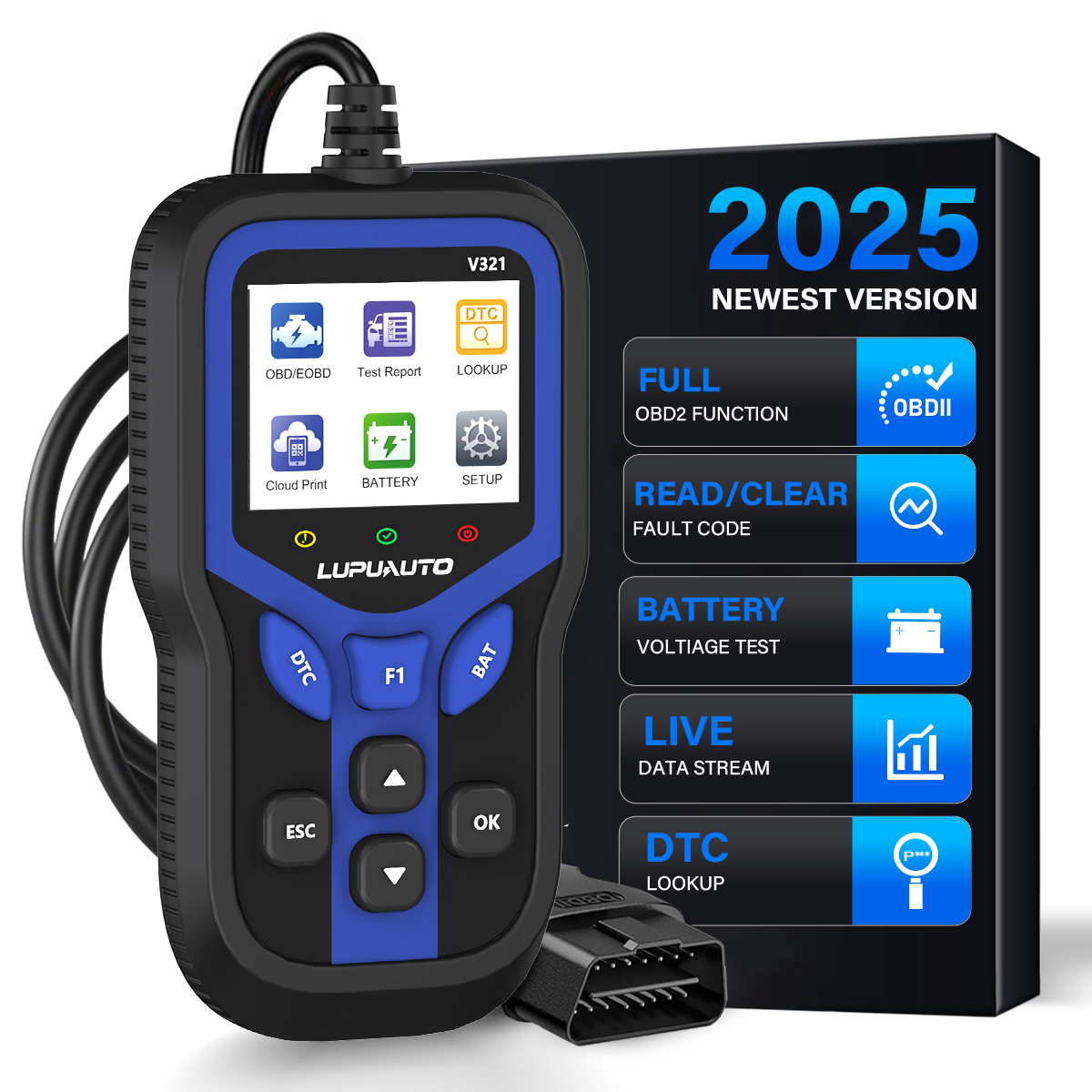 KONTOP V321 OBD2 Scanner & Battery Tester | Read & Clear Codes, Live Data, DTC Lookup