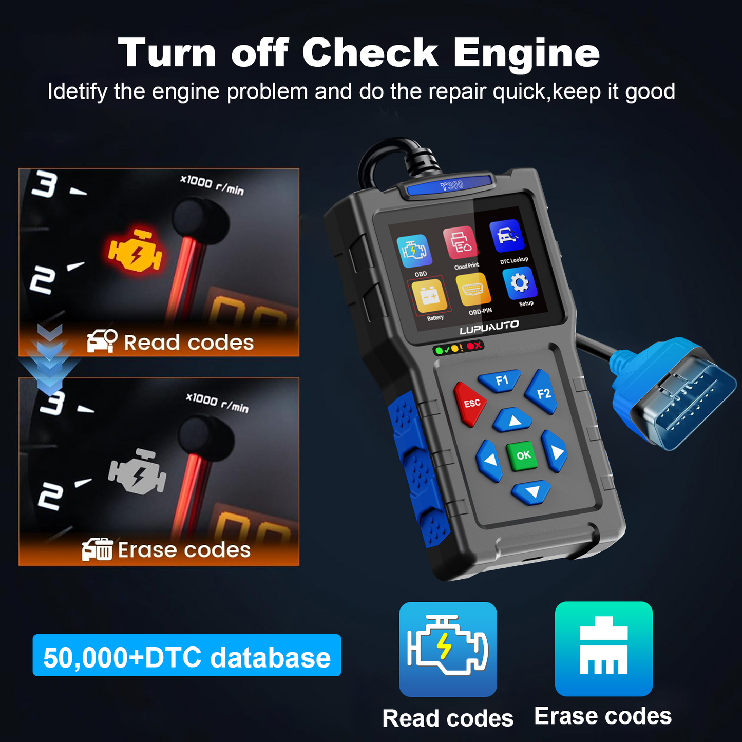 T300 OBD2 Scanner | Professional Car Diagnostic Tool with Live Data, DTC Reader & Battery Test