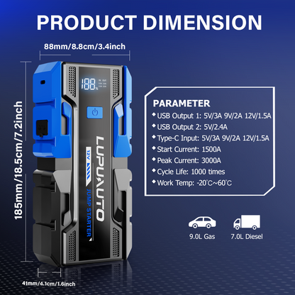 KONTOP 3000A Jump Starter | Portable Battery Booster for 9.0L Gas & 7.0L Diesel Engines