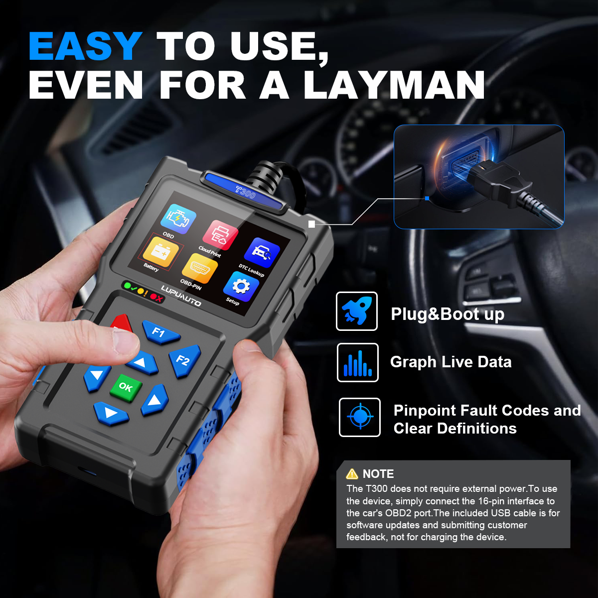 T300 OBD2 Scanner | Professional Car Diagnostic Tool with Live Data, DTC Reader & Battery Test