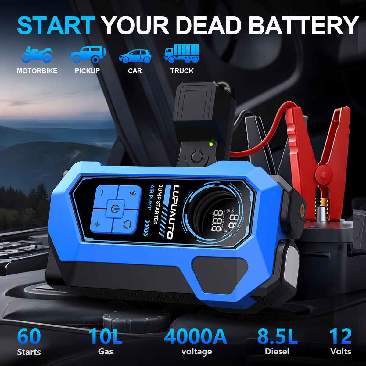 KONTOP 4000A Jump Starter with Air Compressor | 160 PSI Portable Battery Booster for 10L Gas & 8.5L Diesel