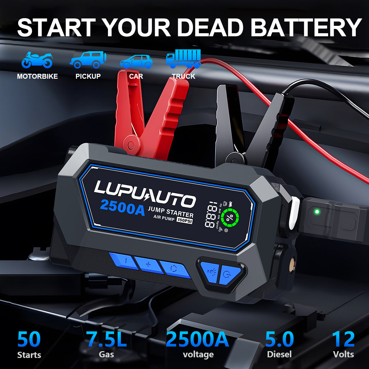 KONTOP 2500A Jump Starter with Air Compressor | 150 PSI Tire Inflator & Power Bank