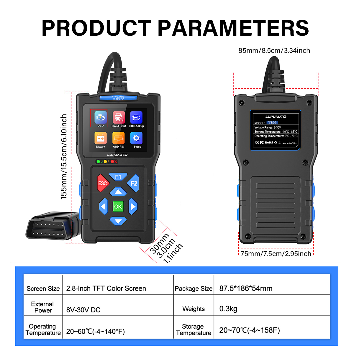 T300 OBD2 Scanner | Professional Car Diagnostic Tool with Live Data, DTC Reader & Battery Test