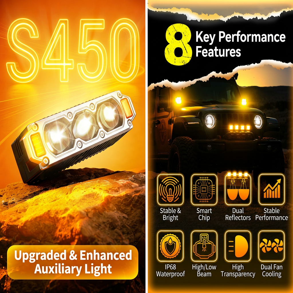 KONTOP S450 Pro Series 100W LED Pod Lights - Universal Hi-Lo Beam Auxiliary Driving Light for Cars & Motorcycles, IP68 Waterproof, 10000LM Ultra Bright