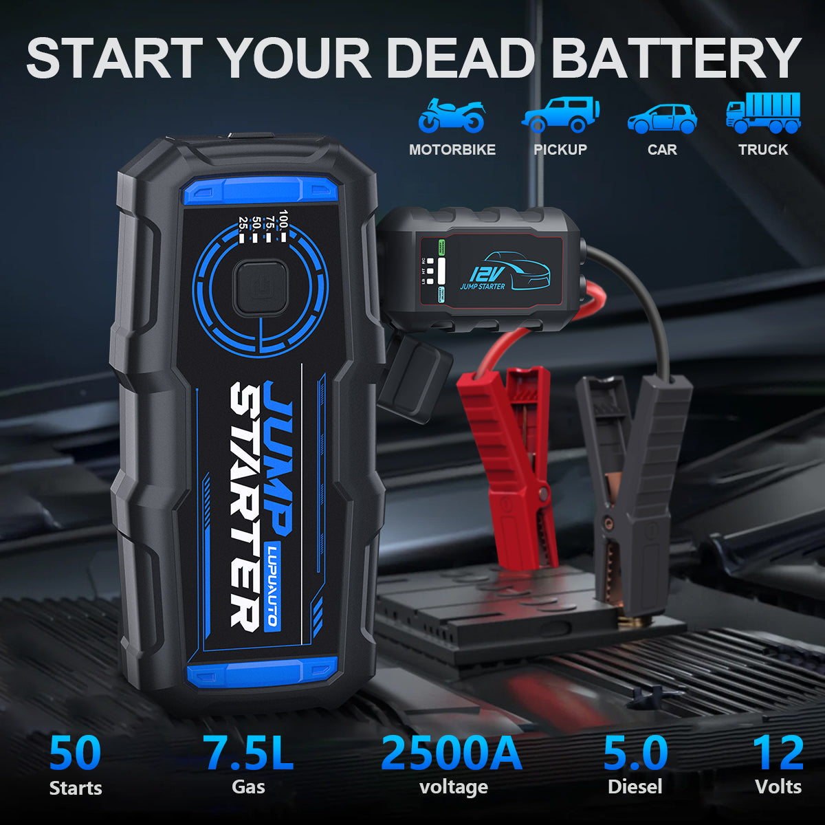 KONTOP 2500A Jump Starter | 7.5L Gas & 5.0L Diesel Car Battery Booster with Power Bank & LED Light