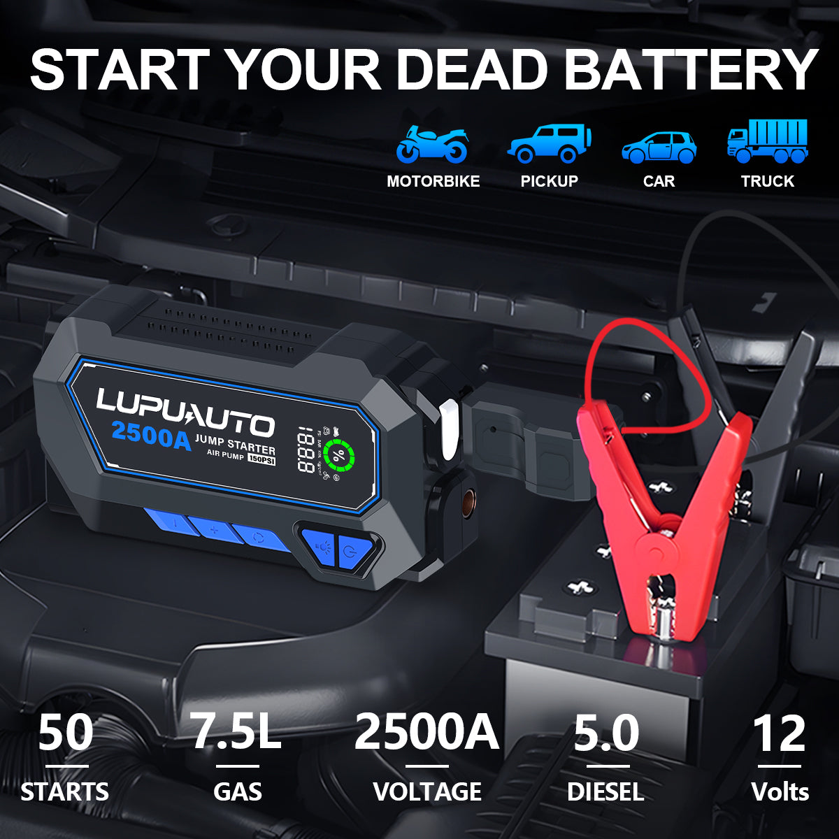 KONTOP 2500A Jump Starter with Air Compressor | 150 PSI Tire Inflator & Power Bank