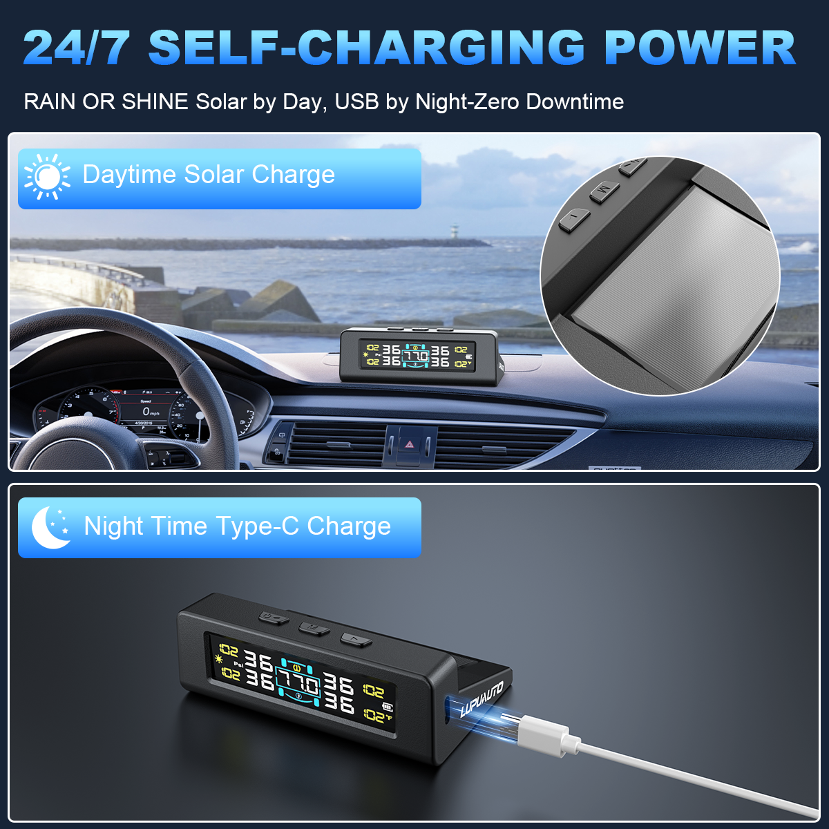 KONTOP 4-Sensor Smart TPMS | Solar & USB Tire Pressure Monitoring System for Cars & SUVs
