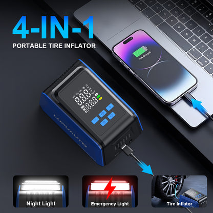 KONTOP 4-IN-1 Portable Tire Inflator | 150 PSI Fast Air Pump, Wireless & Car Power Dual Mode