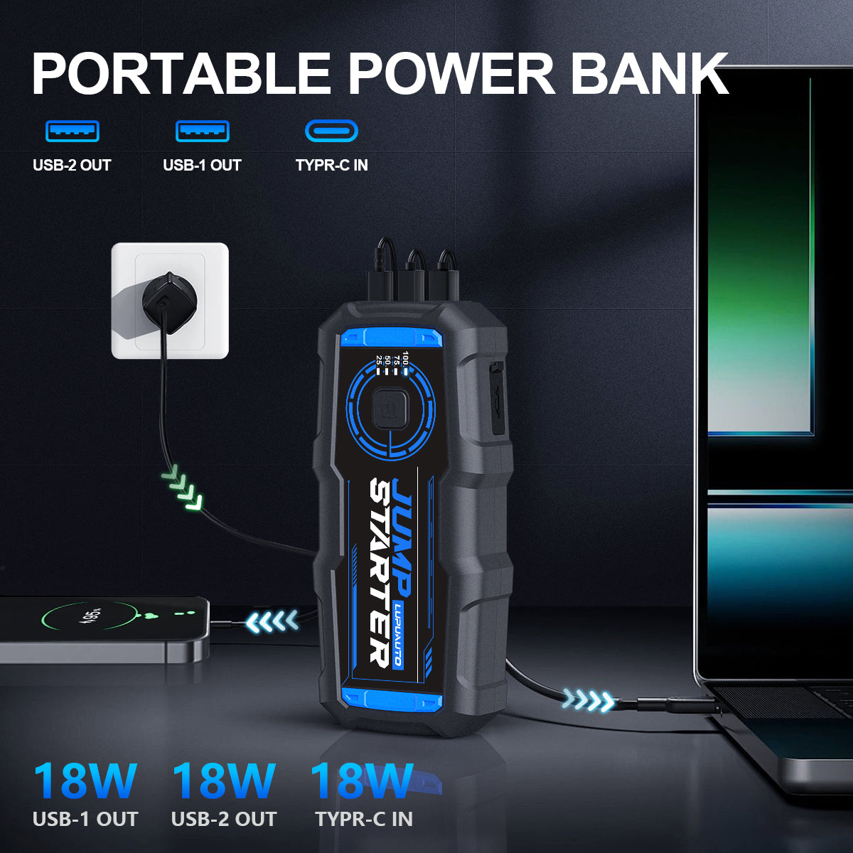 KONTOP 2500A Jump Starter | 7.5L Gas & 5.0L Diesel Car Battery Booster with Power Bank & LED Light