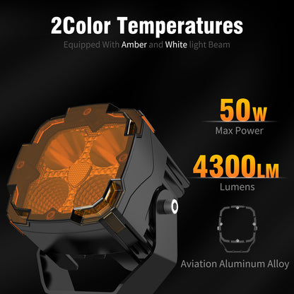 KONTOP 50W LED Pod Lights Dual Color 6000K White & 3000K Amber Off Road Driving Lights IP68