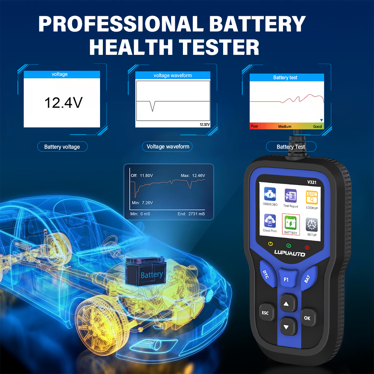 KONTOP V321 OBD2 Scanner & Battery Tester | Read & Clear Codes, Live Data, DTC Lookup