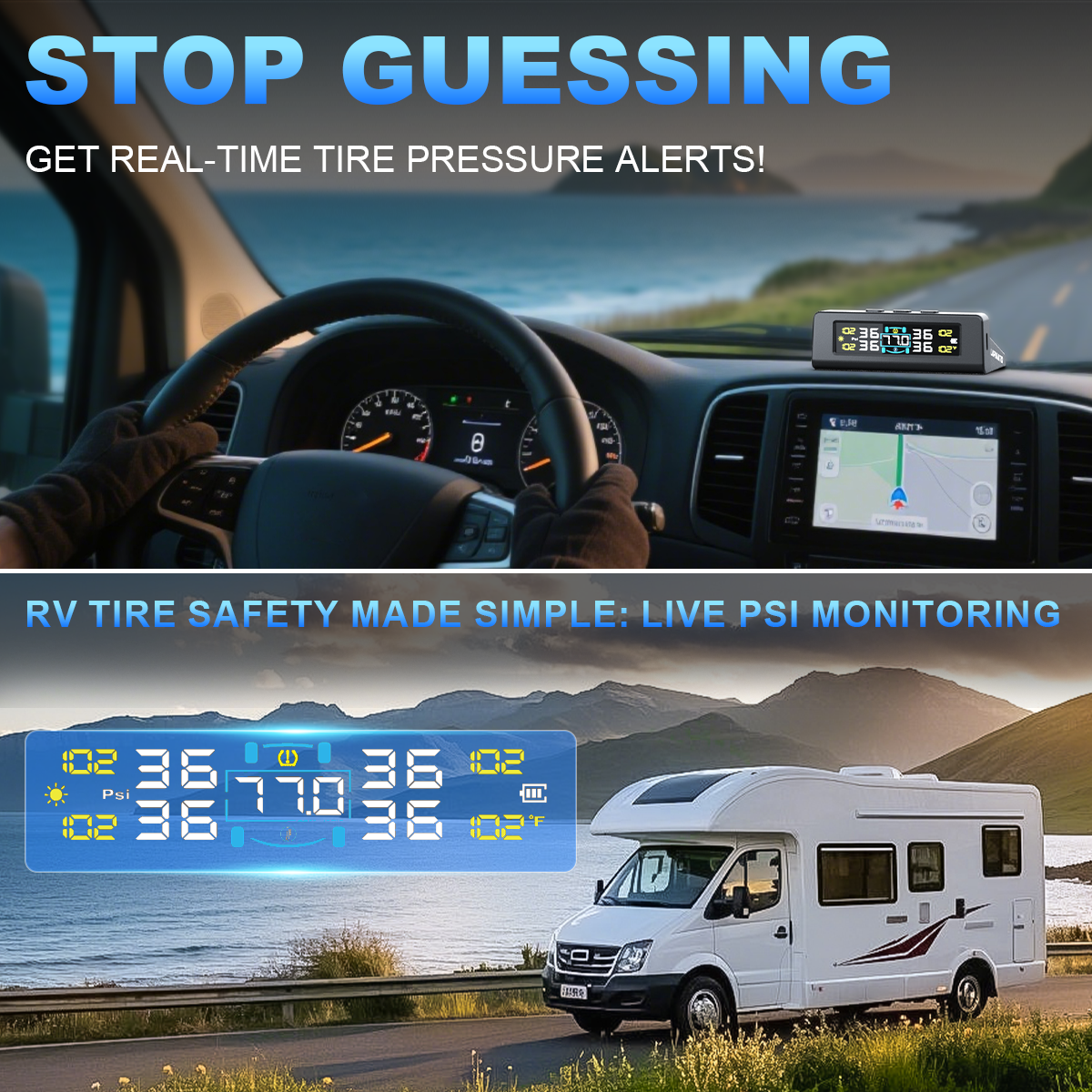 KONTOP 4-Sensor Smart TPMS | Solar & USB Tire Pressure Monitoring System for Cars & SUVs