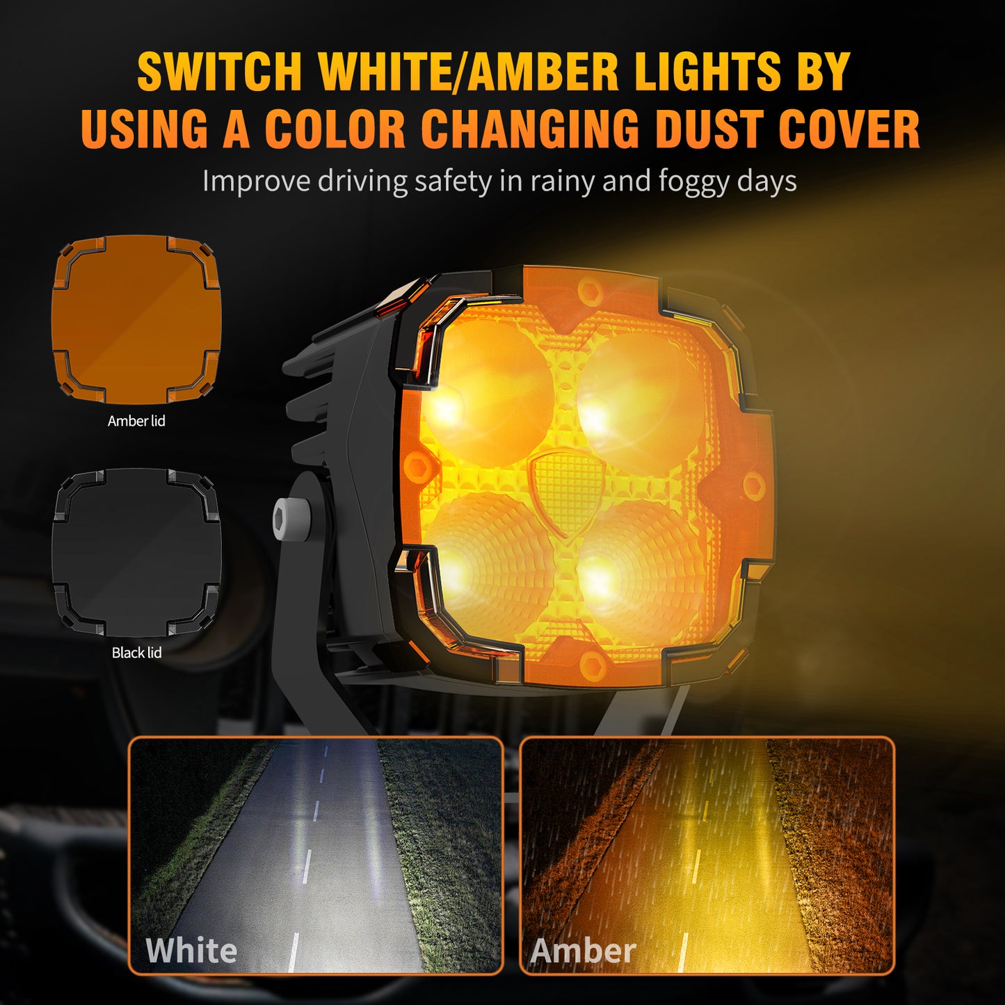 KONTOP 50W LED Pod Lights Dual Color 6000K White & 3000K Amber Off Road Driving Lights IP68