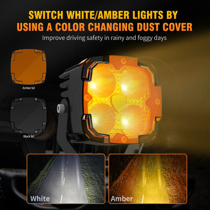 KONTOP 50W LED Pod Lights Dual Color 6000K White & 3000K Amber Off Road Driving Lights IP68