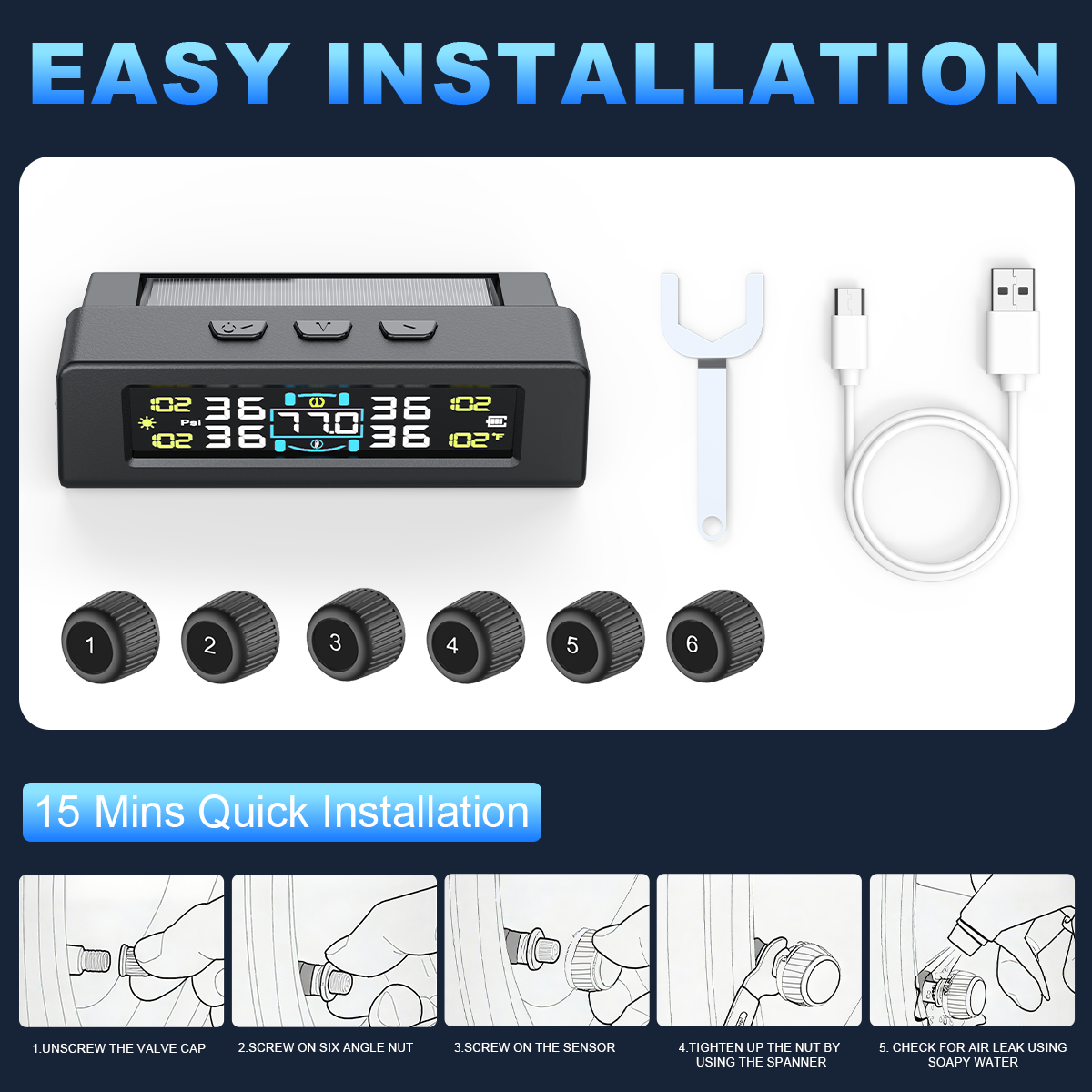 KONTOP 4-Sensor Smart TPMS | Solar & USB Tire Pressure Monitoring System for Cars & SUVs