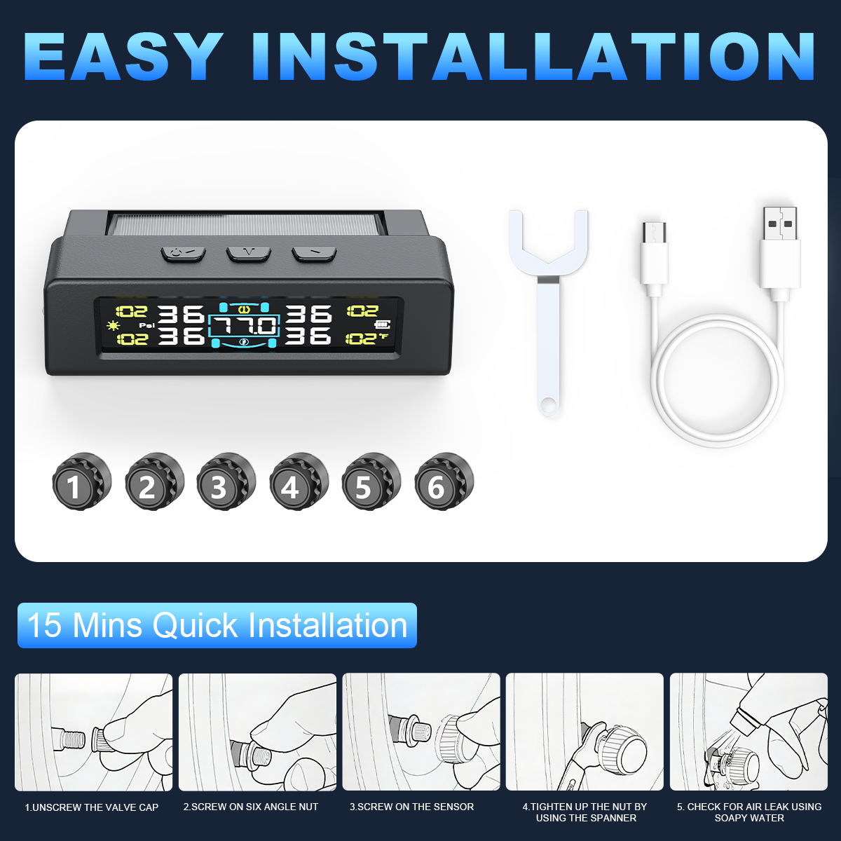 KONTOP 6-Sensor Smart TPMS | Solar & USB Tire Pressure Monitoring System for RV, Truck & Trailer
