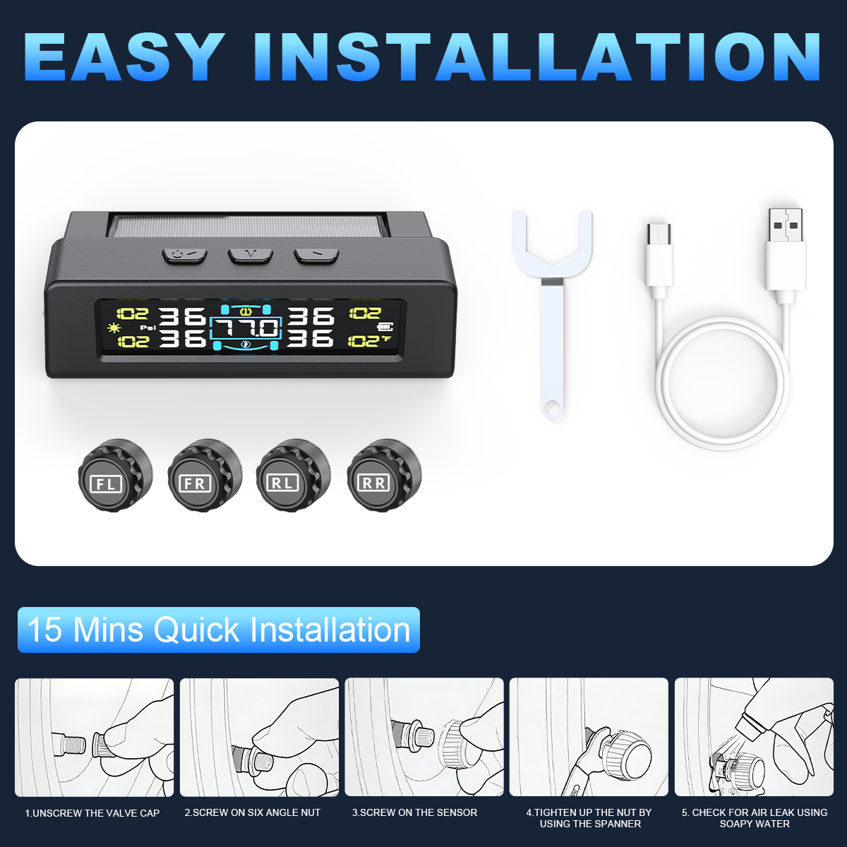 KONTOP 4-Sensor Smart TPMS | Solar & USB Tire Pressure Monitoring System for Cars & SUVs