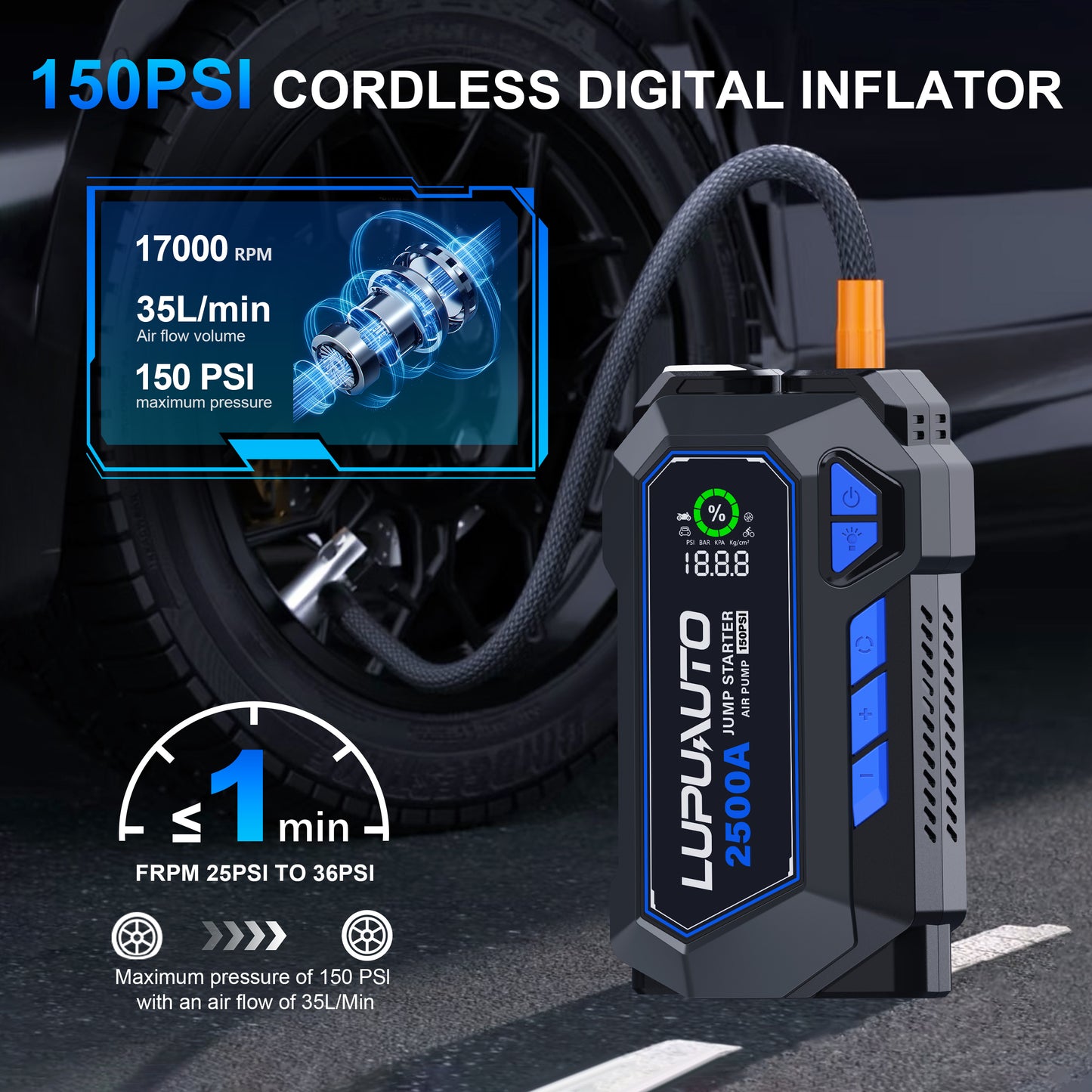 KONTOP 2500A Jump Starter with Air Compressor | 150 PSI Tire Inflator & Power Bank
