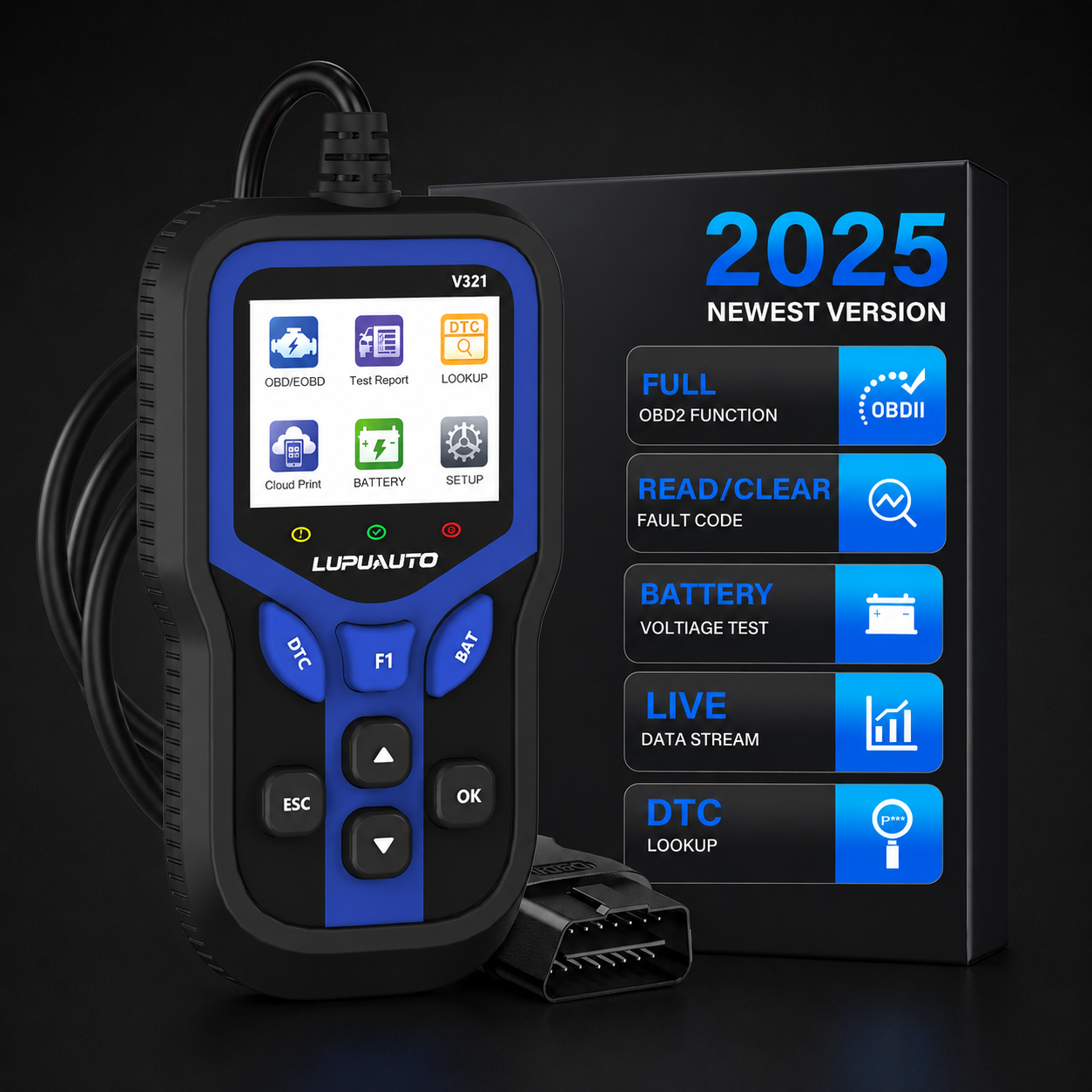 KONTOP V321 OBD2 Scanner & Battery Tester | Read & Clear Codes, Live Data, DTC Lookup