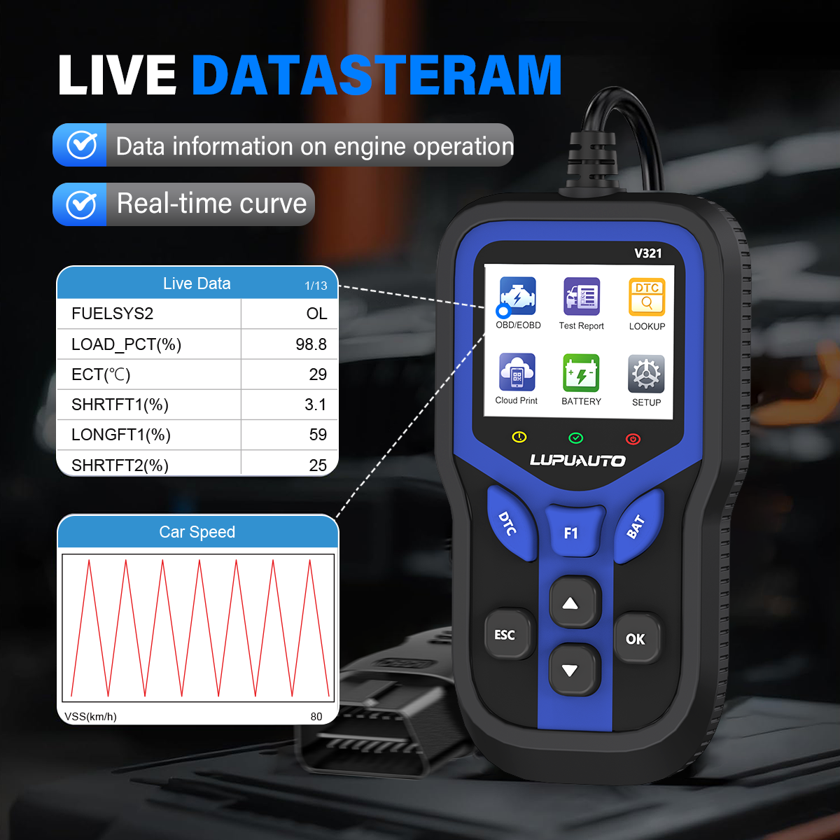 KONTOP V321 OBD2 Scanner & Battery Tester | Read & Clear Codes, Live Data, DTC Lookup